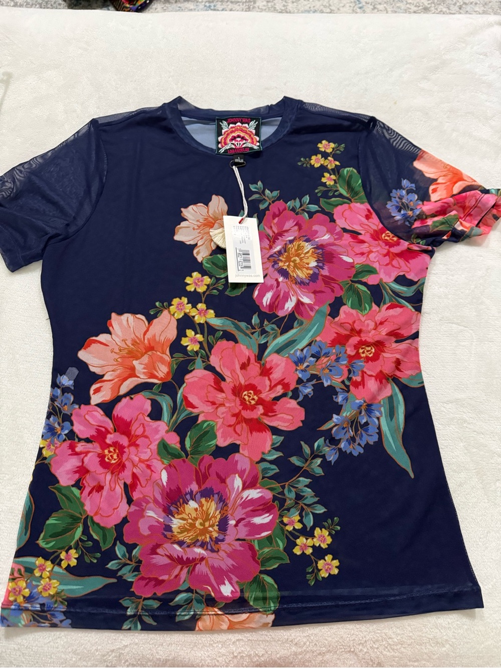 Johnny Was Eleanor Mesh Tee pink & orange floral print navy mesh L D77 $138